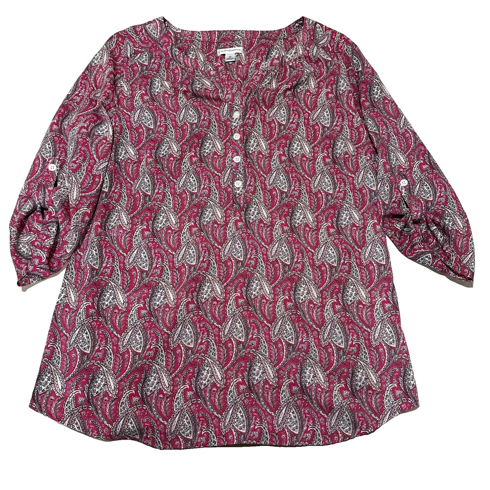 Croft & Barrow Women's Paisley Roll Tab Sleeve Blouse Pink Button Front Size M